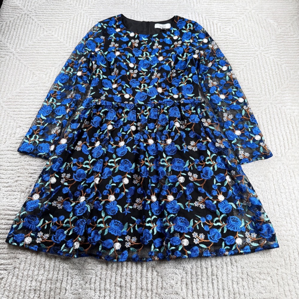 Belle Badgley Mischka Floral Embroidered Dress Womens 6 Blue Black Cocktail Chic